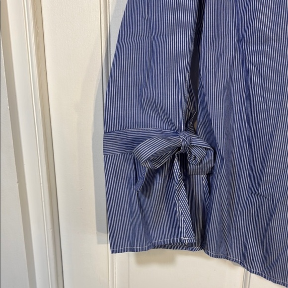EUC Tacera Blue and White Striped 100% Cotton Button Down Blouse w/Fancy Cuffs - Picture 4 of 8